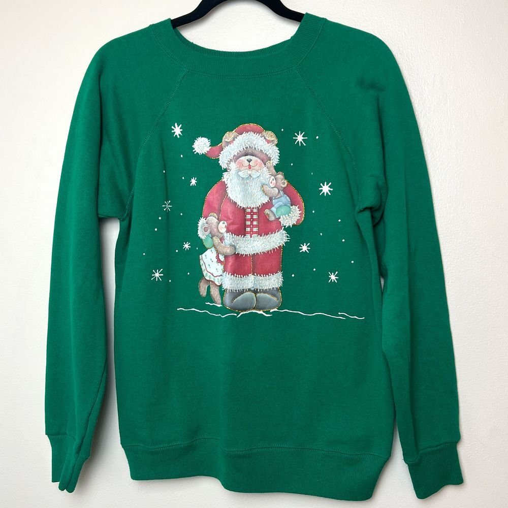 Vintage Hanes Sport M‎ Green Christmas Sweatshirt Santa Bear Graphic Holiday